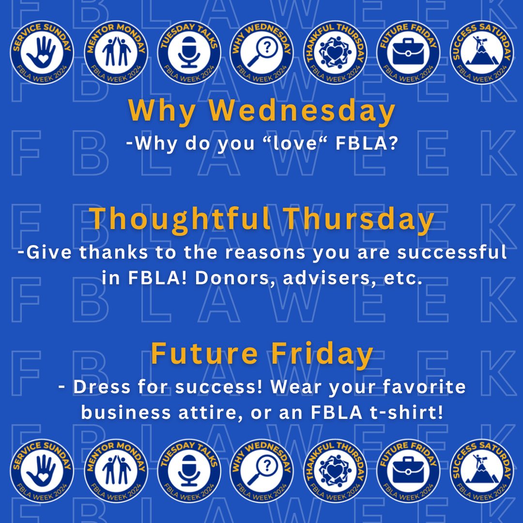 NebraskaFBLA's tweet photo. Happy FBLA week! Check out the national themes for this week and see what Nebraska FBLA is doing to celebrate. Want to share your chapter’s success? Make sure to tag @fbla_national and use #fblaweek when posting! 🤩 https://t.co/1T9rFPHpZe