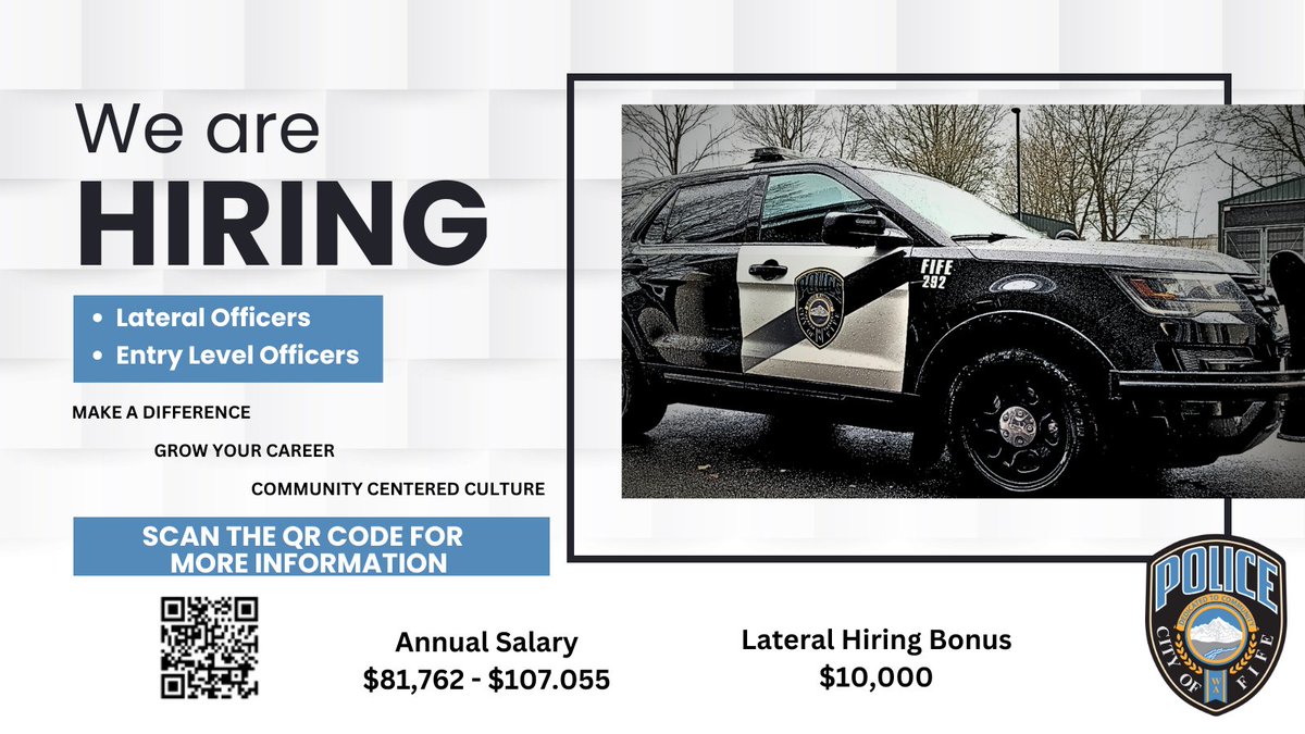 FifePD's tweet photo. The Fife Police Department offers rewarding careers in public service. We cultivate a culture of respectful, trusted and progressive officers, detectives and support staff. We offer competitive benefits and compensation packages. https://t.co/VBYERbkUIP