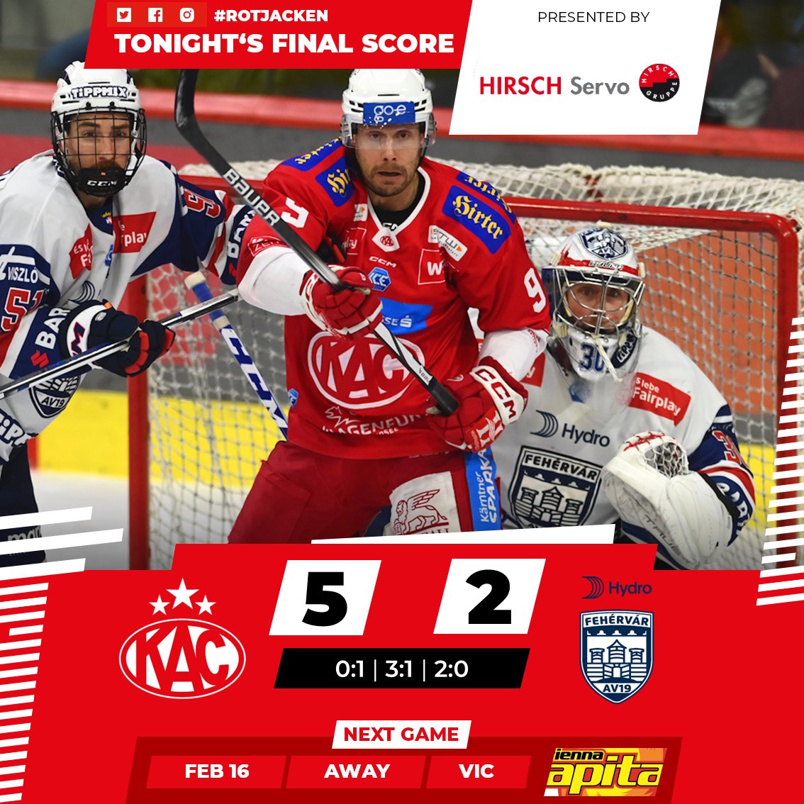 EC_KAC's tweet photo. Die #Rotjacken qualifizieren sich für die #CHL und machen einen Riesenschritt in Richtung #ICE-Grunddurchgangssieg! #KACAVS https://t.co/OWJ5I8TXu2