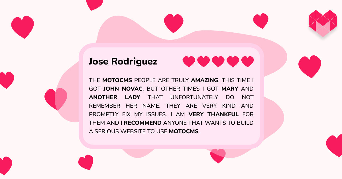 MotoCMS's tweet photo. ❤️❤️❤️❤️❤️
Check out more reviews or write your own on Trustpilot:
https://t.co/PXa2dfOTg9
#valentinesday #reviews #webdesign #freedownload #websitetemplate #digitalart #template #testimonials #creativity #romantic #valentinestemplate #february14 #valentines2024 https://t.co/Xy2uqk26Rp