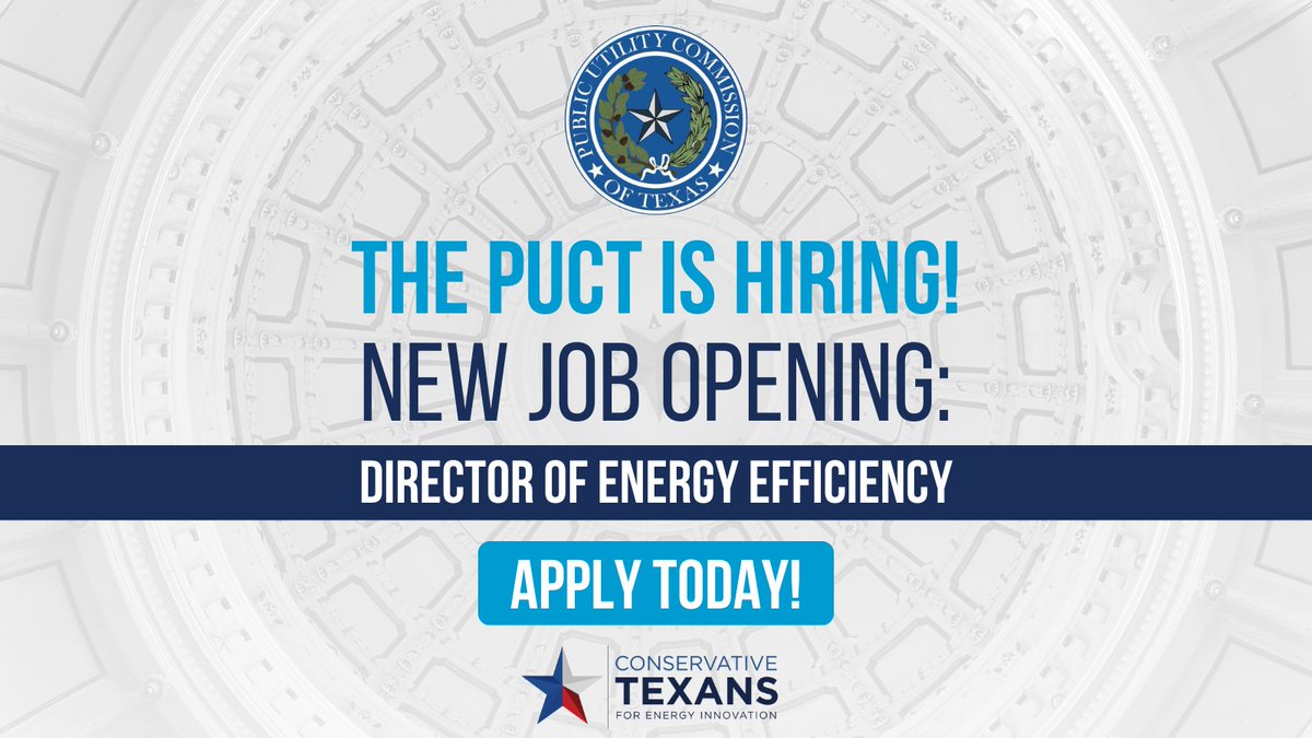 Great news for the Texas energy industry! The @PUCTX is hiring a Director of Energy Efficiency. Please help us spread the word to qualified and interested individuals! To learn more, visit: bit.ly/3SxsUYv. #TXjobs #txlege #txenergy