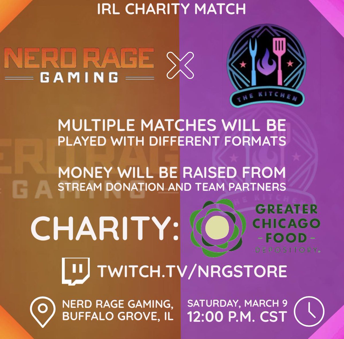 NRG and <a href="/LostZoneKitchen/">The Kitchen</a> are VERY excited to announce a charity drive for <a href="/FoodDepository/">Chicago’s Food Bank</a>, culminating with a team battle IN STORE on March 9! The stream will include giveaways, fun formats, and more!

Follow us for updates! A donation link will be posted soon!
#nrgwin
#wecookin