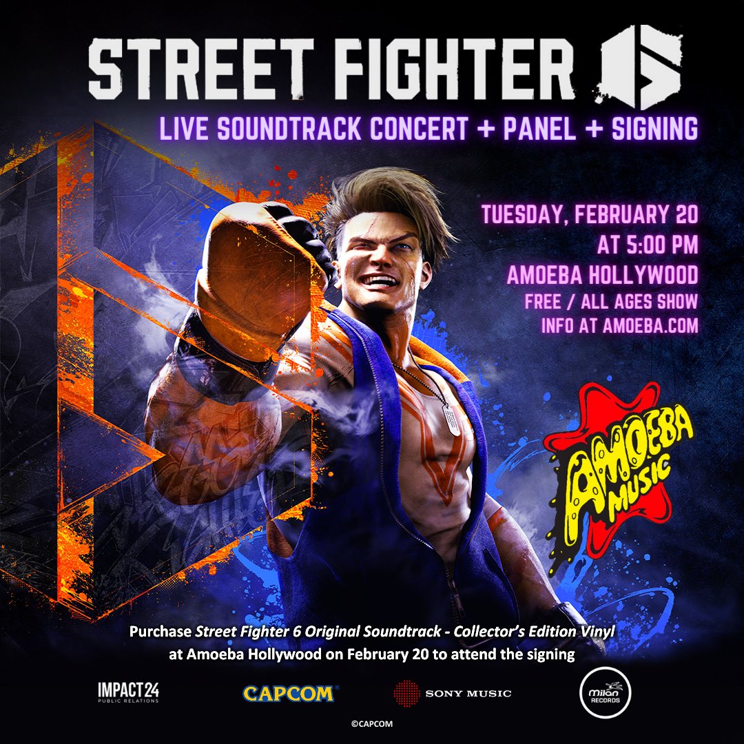 Impact24PR's tweet photo. Head over to @amoebamusic on Feb 20th for a special live performance and signing with the #StreetFighter6 team! 

Featuring: @GRP_beatz, @ItsRandyMarx, Rocco 808, @JayyStarr, and a conversation with the team behind the game and soundtrack!

More info: https://t.co/EOYTwDl047 https://t.co/SBMRh9tZ9j