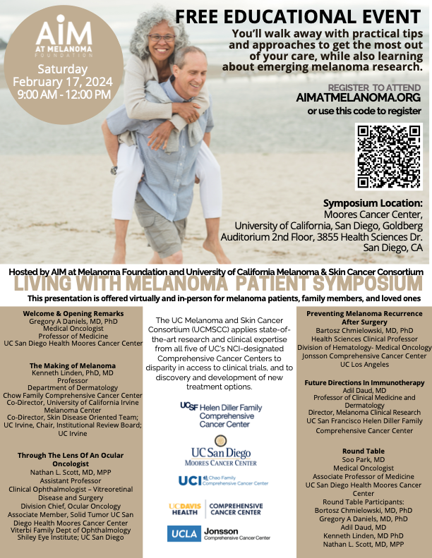 ad1600's tweet photo. Join us for an exciting pan-UC discussion of all things melanoma. Saturday Feb17th morning. Discussion of what makes melanoma tick and advances in therapy @UCSF @UCSDHealth @UCLAHealth @UCIrvine @UCDavisHealth https://t.co/g6E8VNPYGS