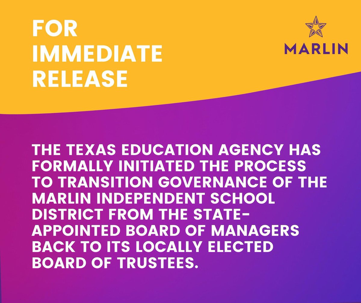 The Texas Education Agency has formally initiated the transition of governance of @MarlinISDTX from the state-appointed Board of Managers to its locally elected Board of Trustees. FULL RELEASE: marlinisd.org/our-district/n…