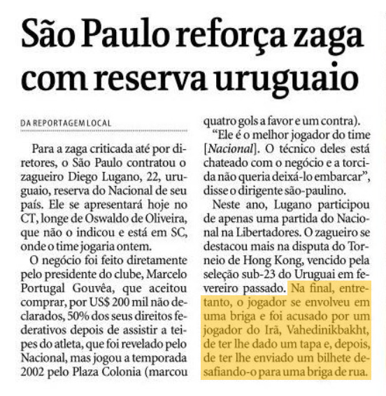“Na final, [Lugano] se envolveu em uma briga e foi acusado por um jogador do Irã, Vahedinikbakht, de ter lhe dado um tapa e, depois, de ter lhe enviado um bilhete desafiando-o para uma briga de rua.”