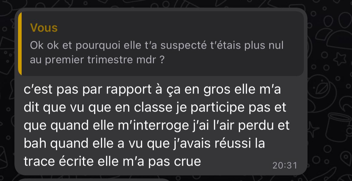 Banlieuedeprof's tweet image. 3/ imagine t’es une élève timide de milieu populaire dans un lycée de centre ville avec des gens qui ont plus de chance que toi.
Tu te donnes à un devoir EN CLASSE et on t’accuse de Chat Gpt.
Ouais la réussite c’est pas possible.
C’est suspect.