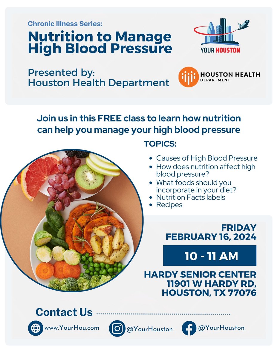 YourHoustonPAC's tweet photo. Join us in this FREE class to learn how nutrition can help you manage high blood pressure. 🍎🥦❤️ ✨
@HoustonHealth Department.

📅 Friday, February 16, 2024
🕒 10 - 11 AM
📍HARDY SENIOR CENTER
11901 W HARDY RD  77076

#Houston #YourHouston #HoustonHealth #Nutrition https://t.co/EGVcZ5bfqN