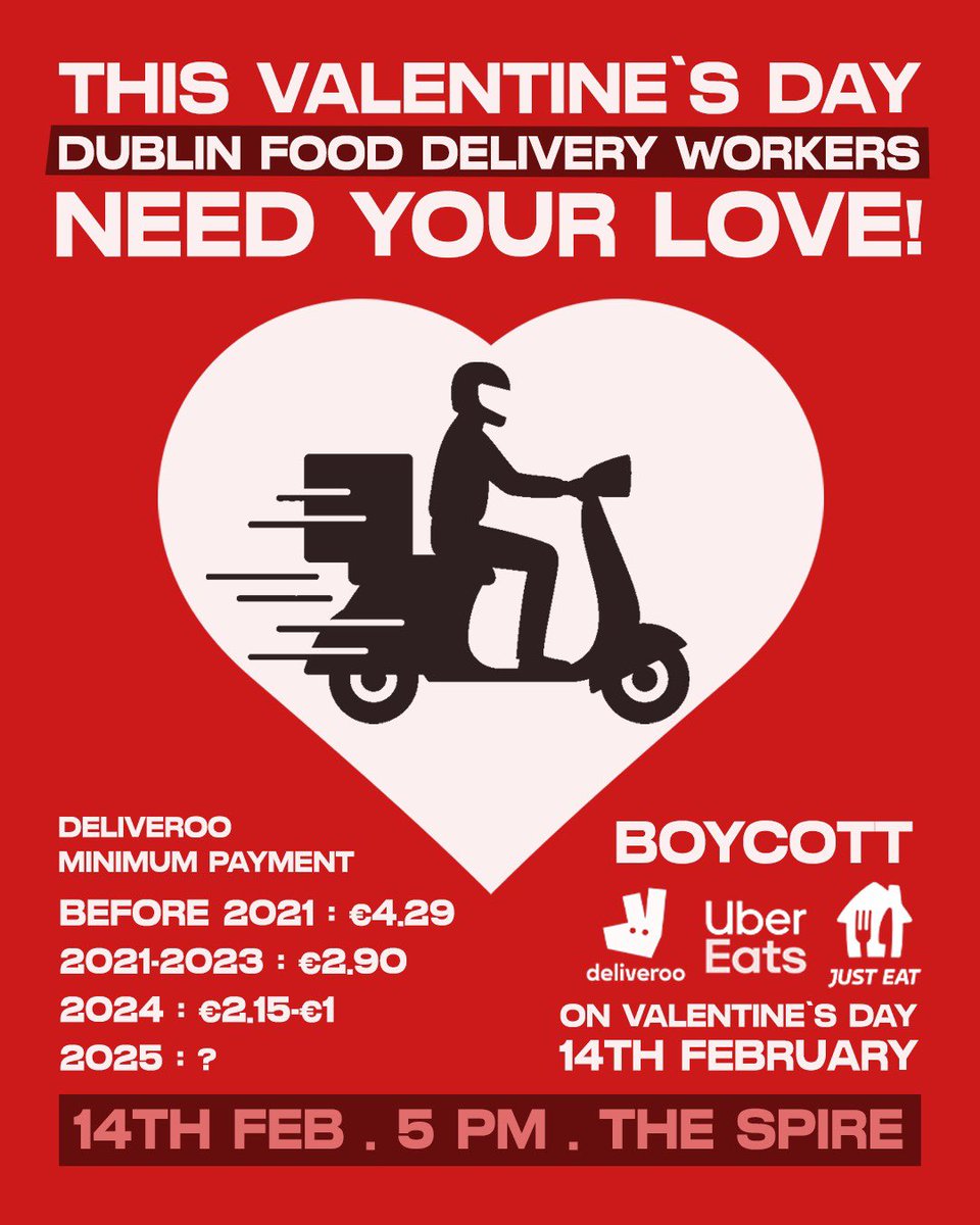 ELSU Ireland (@elsuireland) on Twitter photo Stand in solidarity with delivery riders worldwide this Valentine’s by boycotting <a href="/Deliveroo/">Deliveroo</a> <a href="/JustEatIE/">Just Eat Ireland</a> and <a href="/UberEats/">Uber Eats</a> who treat their workers with contempt. End this abusive relationship based on coercive control now before they enslave your children with their algorithms. <a href="/SIPTU/">SIPTU</a> Stand in solidarity with delivery riders worldwide this Valentine’s by boycotting <a href="/Deliveroo/">Deliveroo</a> <a href="/JustEatIE/">Just Eat Ireland</a> and <a href="/UberEats/">Uber Eats</a> who treat their workers with contempt. End this abusive relationship based on coercive control now before they enslave your children with their algorithms. <a href="/SIPTU/">SIPTU</a>