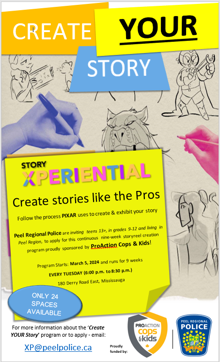PeelPolice's tweet photo. Are you in high school &amp; interested in learning the Story Boarding process like the Pros at PIXAR?

Join PRP Officers for a free 9-week program starting March 5 &amp; discover @teamxinabox.

Proudly funded by @COPSandKIDSca 

Visit: https://t.co/DPwxVUL2ms

Email: XP@peelpolice.ca https://t.co/TluquGlxbj