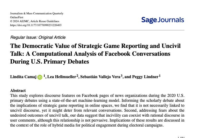 Lindita_Camaj's tweet photo. Thrilled to see our our paper in @jmcquarterly with @leahellmueller @svallejovera @PeggyLindner
We address the implications of #Horserace coverage for discourse quality & fears about the undesired outcomes of #OnlineIncivility #PrimaryDebates #USdebates
https://t.co/aWHWISDXnp https://t.co/LjVtWrK4nM