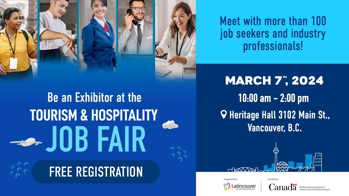 Latincouver is looking for exhibitors to join the upcoming Tourism & Hospitality Job Fair for FREE. Mar 7, 2024, from 10 am to 2 pm at The Heritage Hall.
Get in touch with Latincouver at adminassistant@latincouver.ca or 604-603-5580.