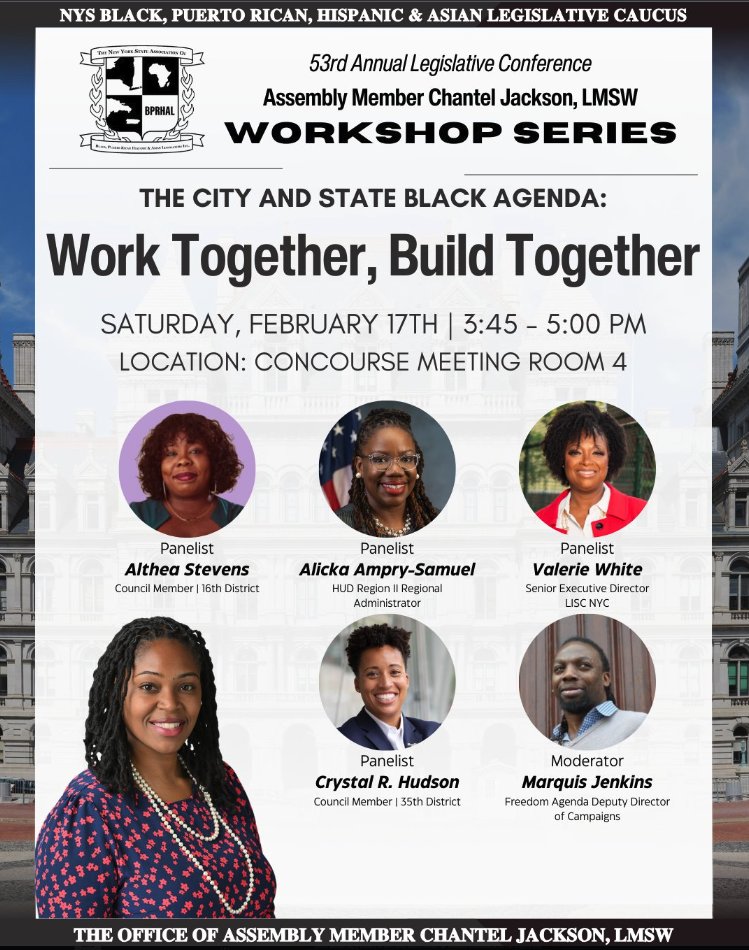 Join Valerie White, Sr. Executive Director at LISC NY, and NYS Assembly Member Chantel Jackson, LMSW on Sat. 2/17 from 3:45 - 5 pm for the City and State Black Agenda Workshop at @nysabprlinc's 53rd Annual Legislative Conference in Albany. Learn more at nysabprlinc.org/conference/