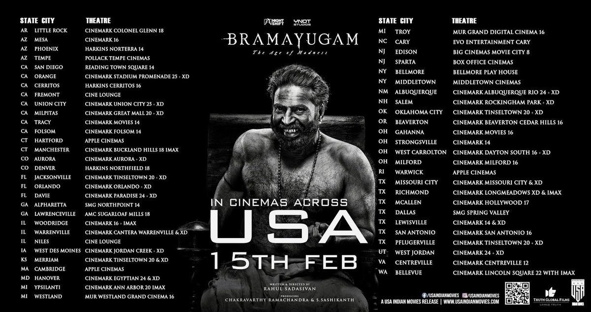 ##Bramayugam USA 🇺🇸 Theatre List ! #BramayugamFromFeb15 🖤🤍 #USA INDIAN MOVIES release! #Bramayugam #Mammootty #RahulSadasivan #YNotStudios #NightShiftStudios #Feb15 #SamadTruth #TruthGlobalFilms