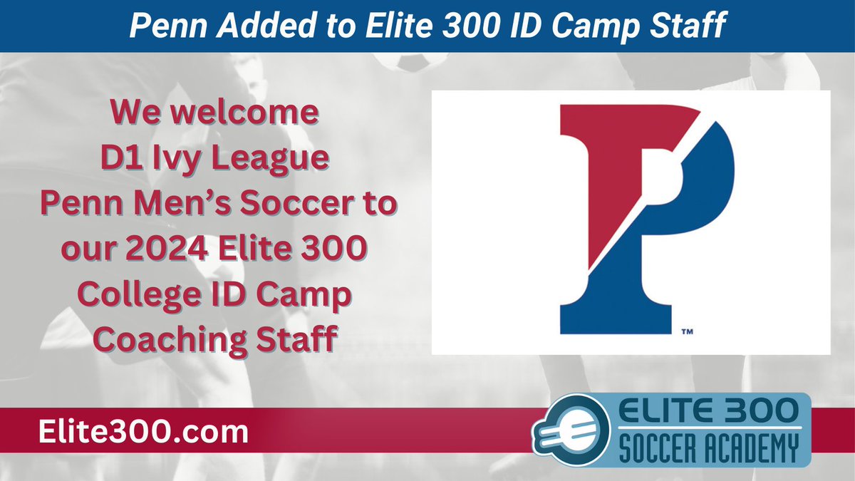 CAMP COACHING STAFF ANNOUNCEMENT: We’re excited to announce that Ivy League Division I University of Pennsylvania Men’s Soccer will participate in our ID Camps this summer!  Go to Elite300.com to register for the Elite 300 College ID Camp at Swarthmore College.