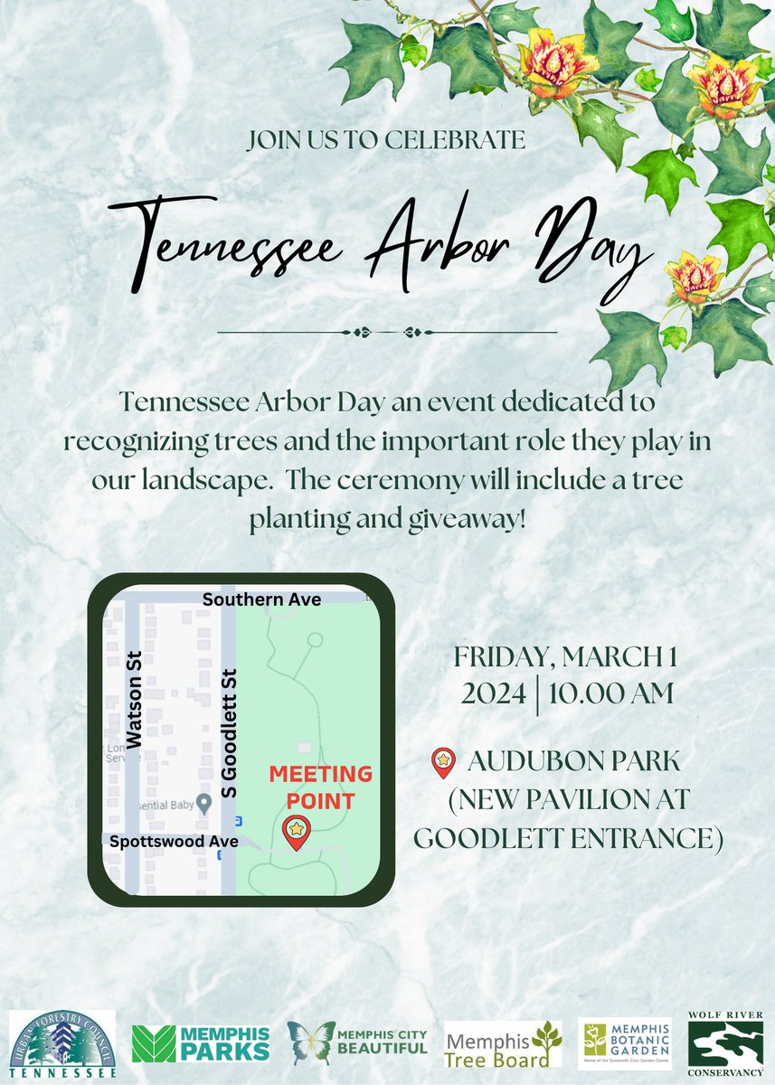 Attention Tennessee residents, Arbor Day is fast approaching!

Arbor Day 2024 will take place on March 1st at Audubon Park. We hope you'll join us in celebrating the gift of trees!

For more information, visit memphiscitybeautiful.org/arbor-day/.