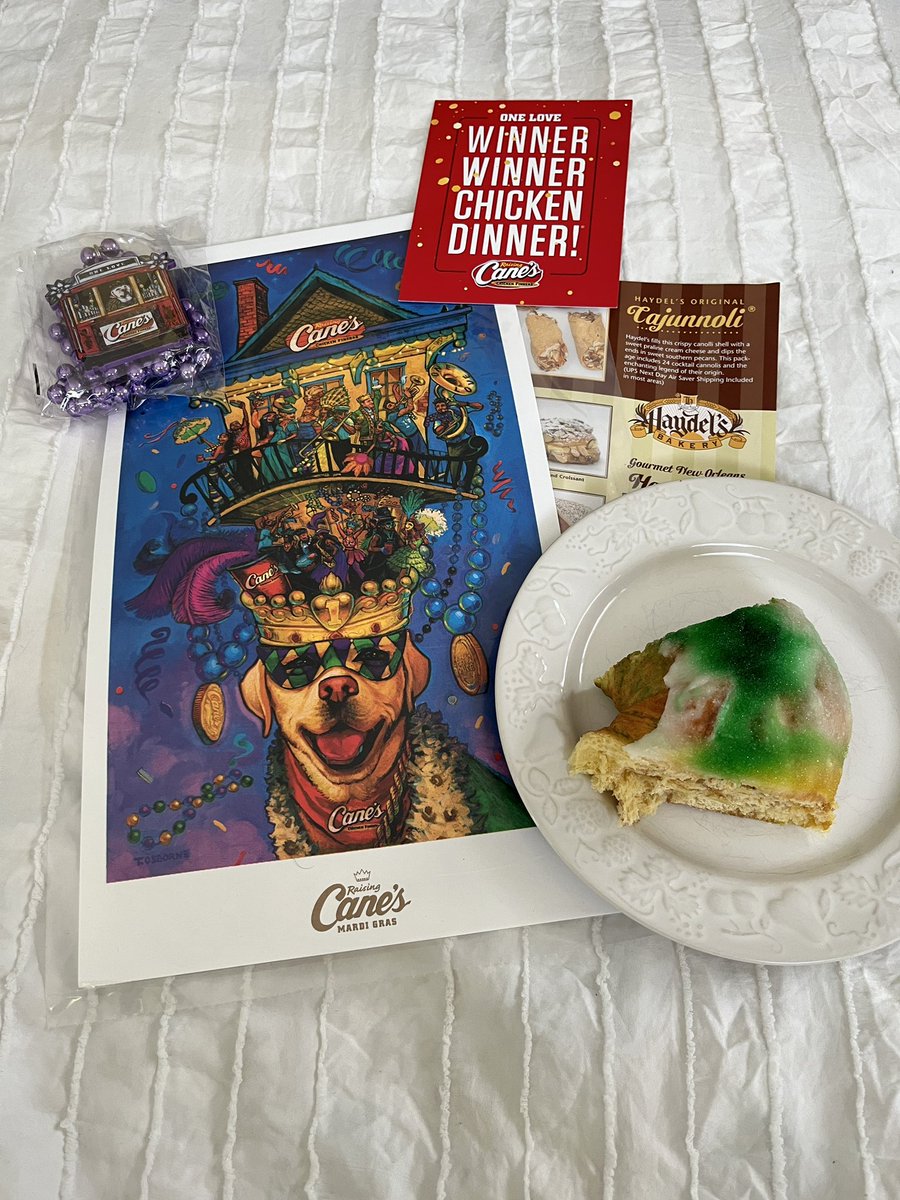 Winner winner chicken dinner! Thank you <a href="/ToddGraves/">Todd Graves</a> 💚💜💛 for the prize package #mardigras2024 <a href="/raisingcanes/">Raising Cane's</a>