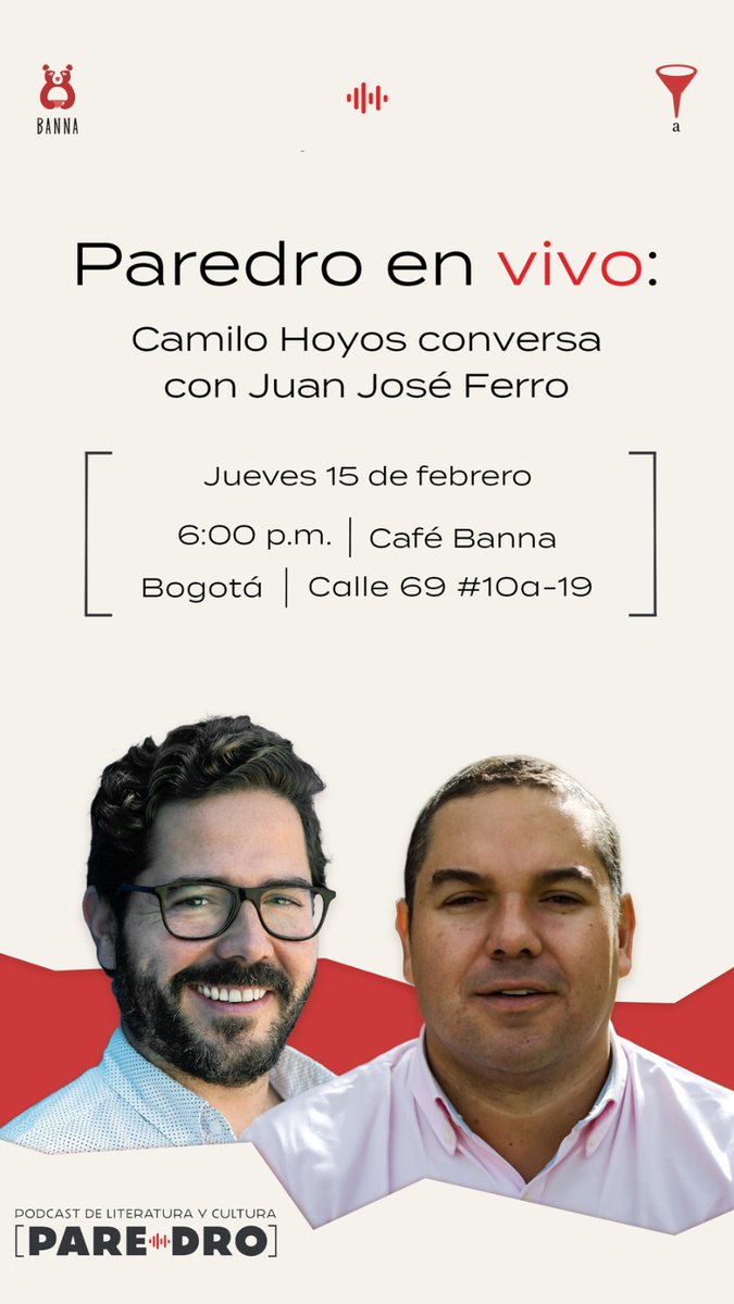 Este jueves vamos a grabar en vivo un episodio con @paredropodcast en Café Banna. La conversa va a estar buena y el café mejor. Quedan invitados. @AngostaEditores