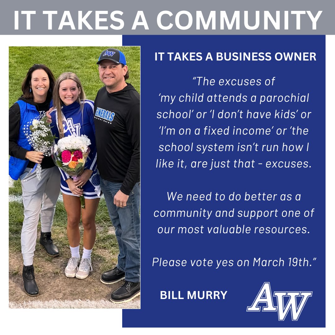 IT TAKES  A COMMUNITY -- IT TAKES YOU!  

It takes a BUSINESS OWNER
'We need to do better as a community and support one of our most valuable resources. Please vote yes on March 19th.'

Bill Murry, Thermeq

 #YESforAWSchools #ItTakesaCommunity #ItTakesYou