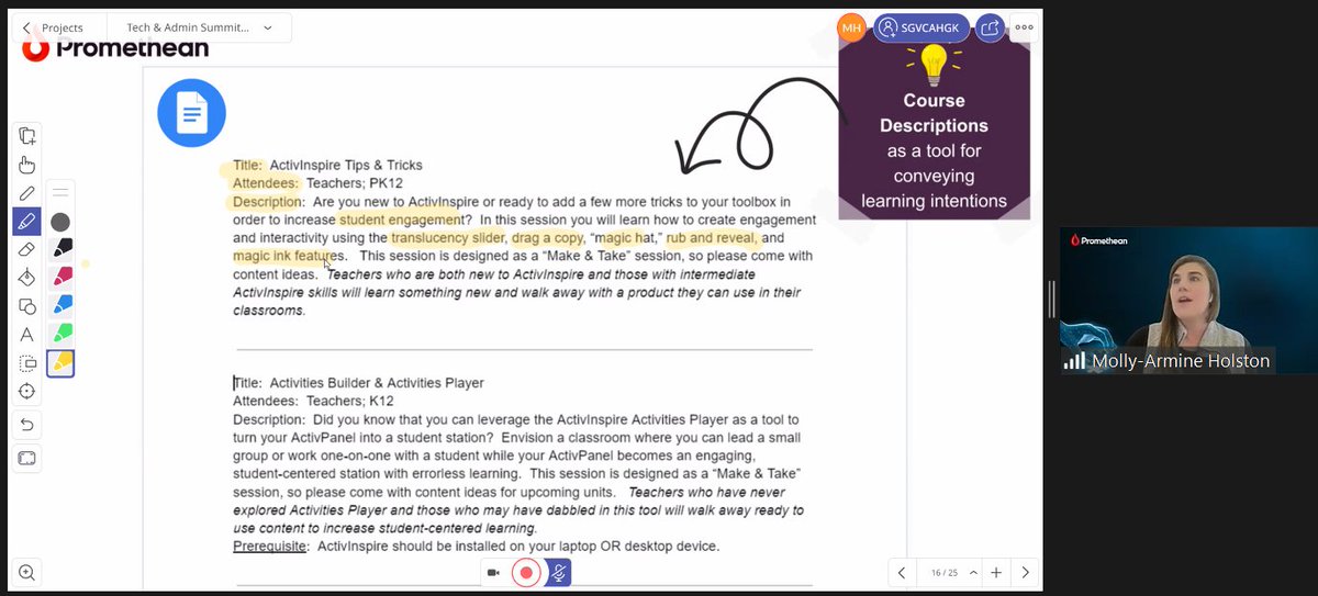 Promethean's tweet photo. Molly-Armine, education consultant, using our new #ExplainEverything to show how learning intentions are used in @prometheanworld's PD so learners know what to expect. #techadmin24 https://t.co/zxPXD7s9ft