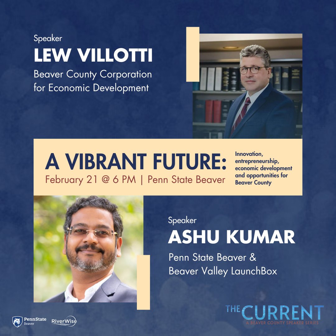 The future of Beaver County including innovation, entrepreneurship and economic development opportunities will be the topic of The Current event at 6 p.m., Wednesday, Feb. 21 at Penn State Beaver. 

Registration is required: 
eventbrite.com/e/the-current-…