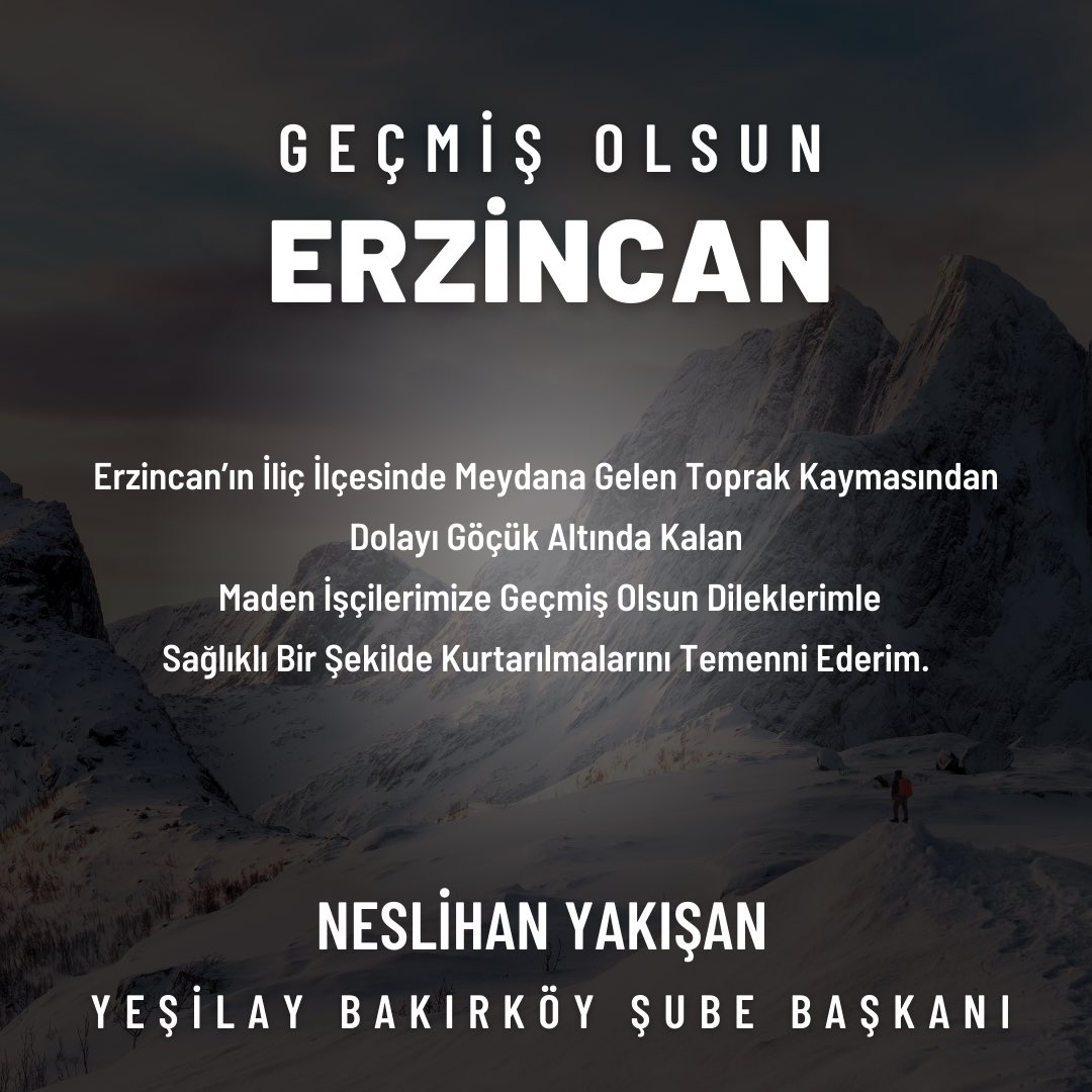 Erzincan’ın İliç İlçesinde Meydana Gelen Toprak Kaymasından Dolayı Göçük Altında Kalan
 Maden İşçilerimize Geçmiş Olsun Dileklerimle
Sağlıklı Bir Şekilde Kurtarılmalarını Temenni Ederim.

#Erzincan 
#Ilic