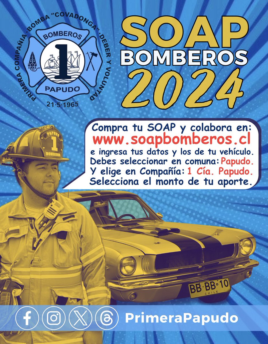 PrimeraPapudo's tweet photo. Adquiriendo tu SOAP 2024 podrás apoyar a la Primera Compañía Bomba “Covadonga” del Cuerpo de Bomberos de Papudo. ¡Contamos contigo! #héroesdeverdad #ayudaabomberospapudo https://t.co/p8xEuLyL7E