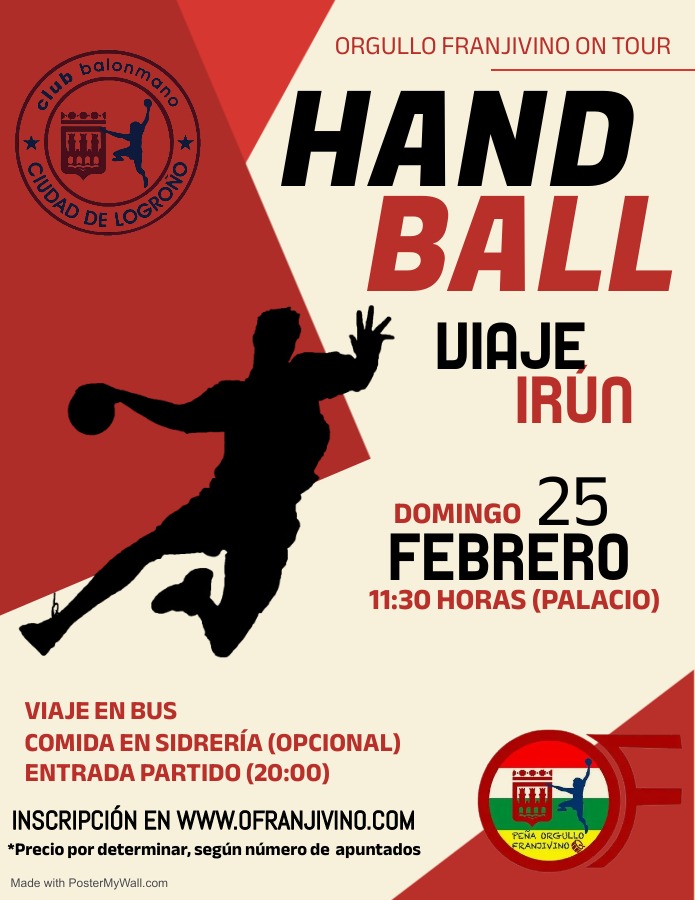 VIAJA a Irún y acompaña al equipo  en el PARTIDAZO contra <a href="/CDBidasoaIrun/">CD Bidasoa Irun</a>,donde nos reencontraremos con nuestros amigos de <a href="/bidasotarrak/">BIDASOTARRAK.</a>!
¡Viajar,comer,y ganar...nada puede salir mal!
INCRIPCIONES en ofranjivino.com y en el Palacio este sábado.
⚪🔴🔴⚪

#FranjivinosOnTour