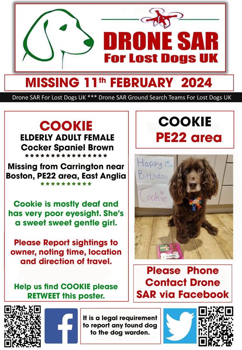 #LostDog #Alert COOKIE
Female Cocker Spaniel Brown (Age: Elderly)
Missing from Carrington near Boston, PE22 area, East Anglia on Sunday, 11th February 2024 #DroneSAR #MissingDog
