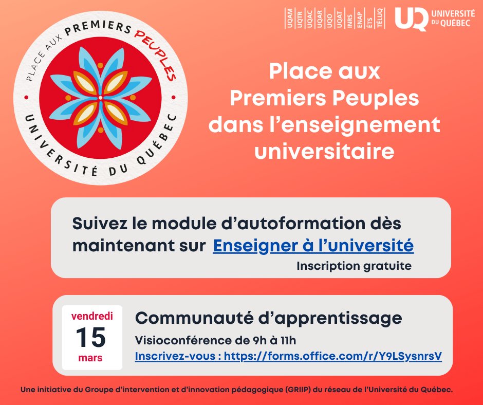 Les membres du corps enseignant du réseau de l’UQ sont invités à participer à un atelier de la Communauté d'apprentissage en pédagogie de l'enseignement supérieur (CAPES), qui se tiendra en ligne, le 15 mars prochain, de 9h à 11h. Pour s'inscrire:forms.office.com/pages/response…
