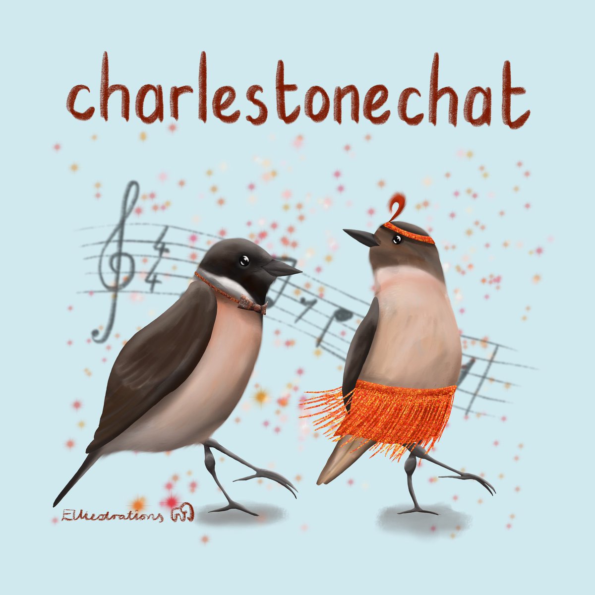 Finally a new illustration! Another dancing bird, this time the Charlestonechat. Often seen dancing on fence posts. #stonechat #birds #BirdTwitter #dancing #illustration