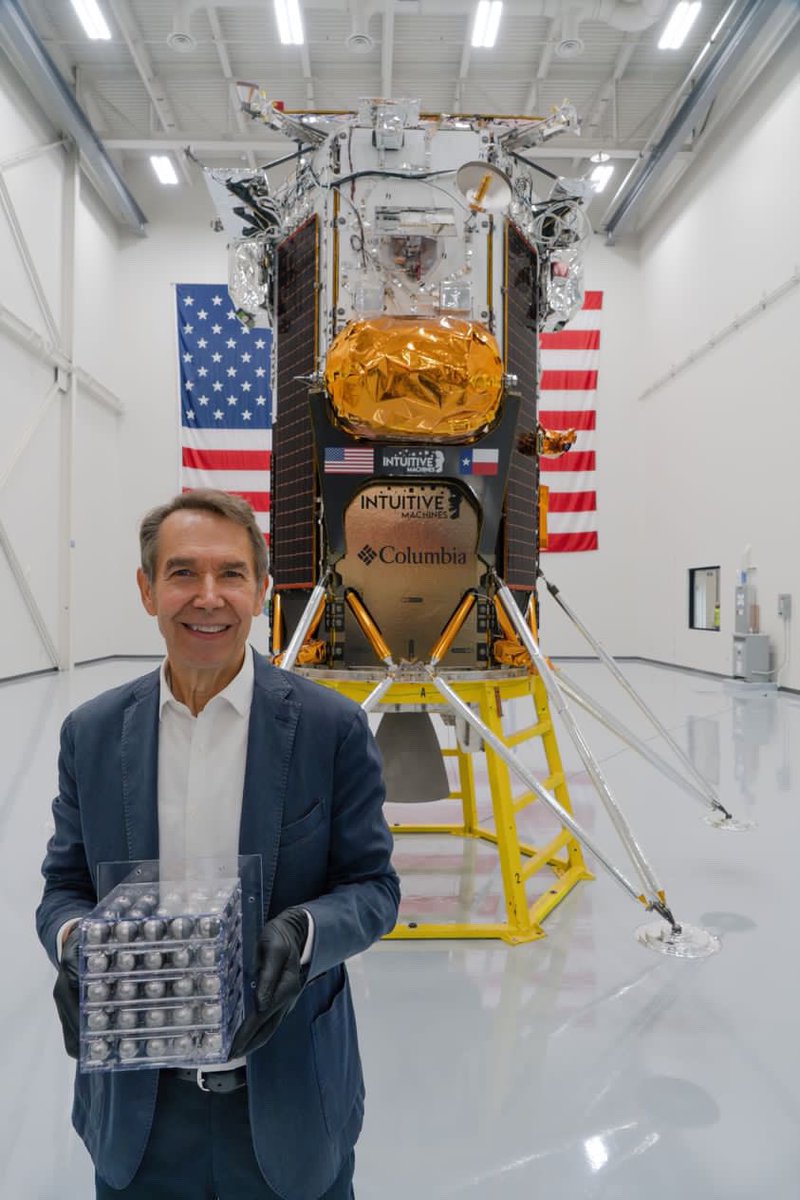 JeffKoons's tweet photo. Just a couple hours away from the launch at 1AM EST Feb 14 of my artworks Moon Phases on Intuitive Machines’ IM-1 mission. The images capture the Nova-C lunar lander being encapsulated on SpaceX’s Falcon 9 rocket. I am honored to have the first authorized artwork on the Moon. https://t.co/RpuSjbr7de