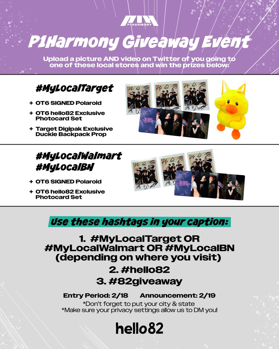 hello82official's tweet image. Couple of days left for P1Harmony #MyLocal Giveaway!

P1ece, don&apos;t miss your chance to win these killer prizes!
Upload a picture AND video on Twitter of you going to one of these local stores 📸

#MyLocalTarget
✨ OT6 SIGNED Polaroid
✨ OT6 hello82 Exclusive Photocard Set
✨…