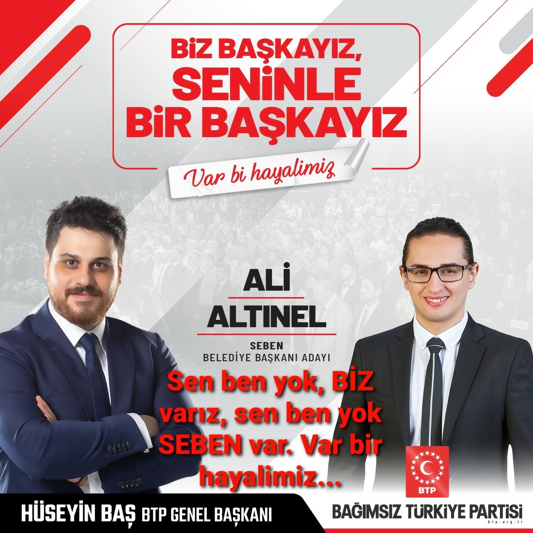 2024 Türkiye Yerel Seçimlerinde, memleketim Seben'e, memleketim Seben için adayım. Gelin şu yaşlı siyaseti de, yaşlı siyasetçileri de değiştirelim. Seben'e hak ettiği değeri vermeye geliyoruz! #varbirhayalimiz #bizbaşkayız #BTP