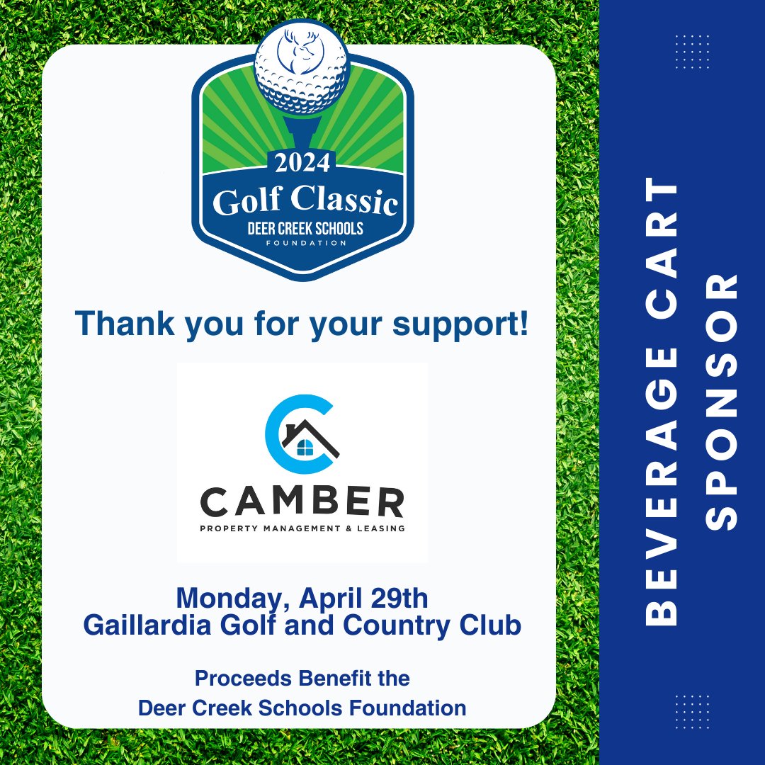 DCSFoundation's tweet photo. A BIG THANK YOU to Camber Property Management and Leasing for their generous support of this year's Golf Classic 2024 as the BEVERAGE CART SPONSOR.

Put your team together at https://t.co/7rupvh7Hsn and join us for what will be an excellent day on the golf course on 4/29. https://t.co/8gQVdsC52p