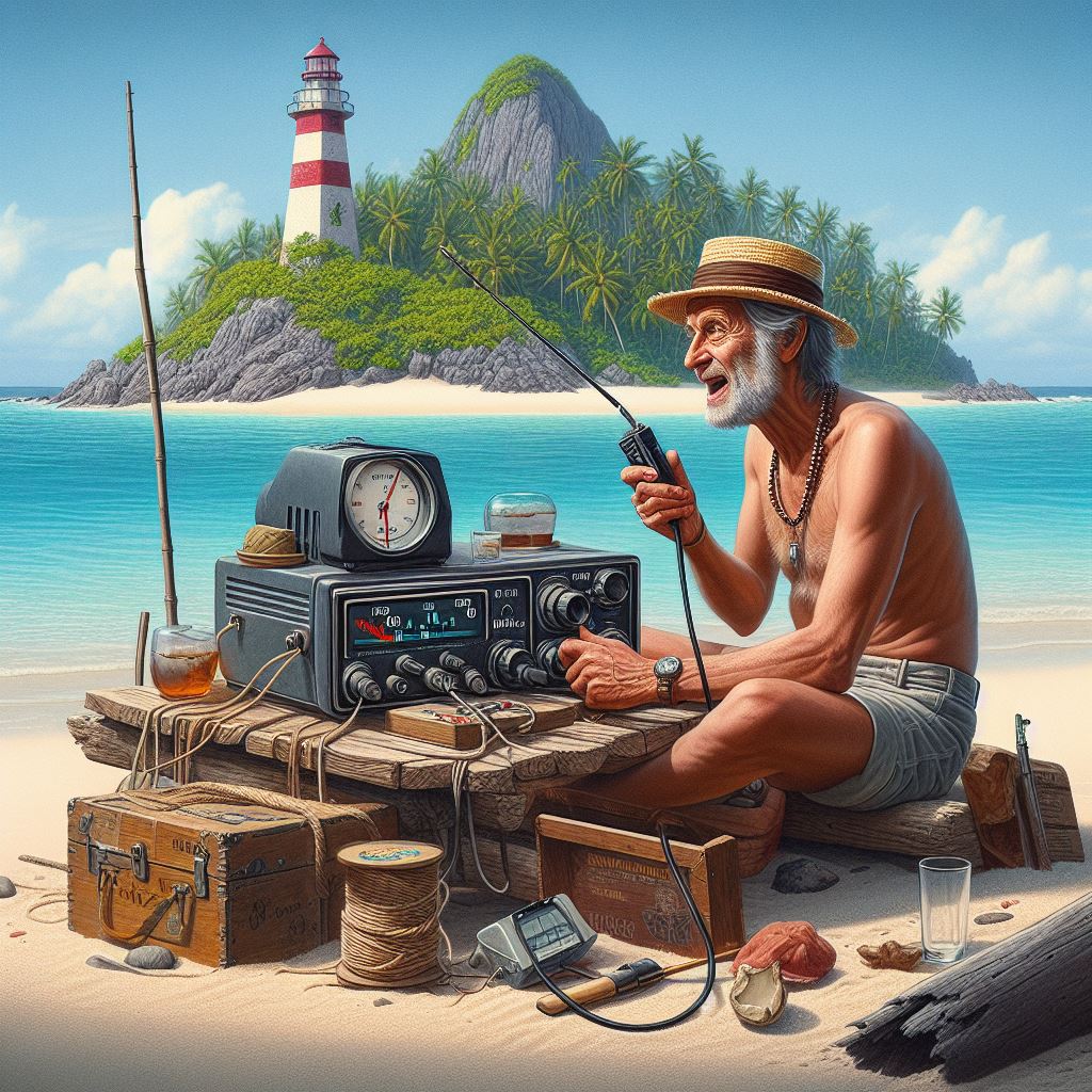 DX_World's tweet photo. Not quite sure Microsoft AI generator grasped the concept of "Ham Radio - Robinson Crusoe Island". https://t.co/y3byrSr9y7