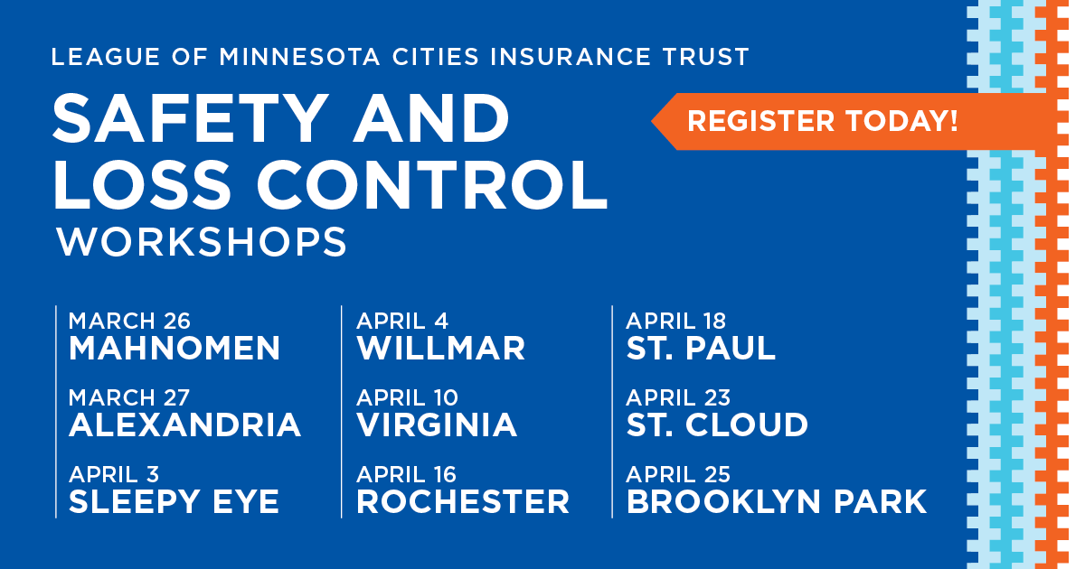MinnesotaCities's tweet image. Over 300 city employees have already signed up for Safety and Loss Control Workshops! 

We're on our way to NINE different cities this spring. Discover new ways to keep your city safe and protected:  lmc.org/learning-event… 

$20 (includes lunch!) 

#MnCities #LMCIT