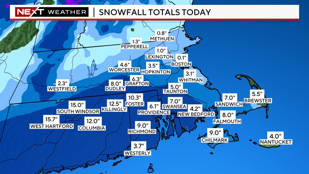 ericfisher's tweet image. One of the weirder looking snowfall maps you'll ever see around here. Over a foot in Connecticut. Local high marks of 6-9" in southern Worcester County and Cape Cod/Islands. Basically nothing around Boston. I would like a beer. #wbz