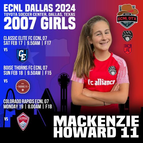 Can’t wait for this weekend at ECNL Dallas! Come watch me play! Here are my game times: