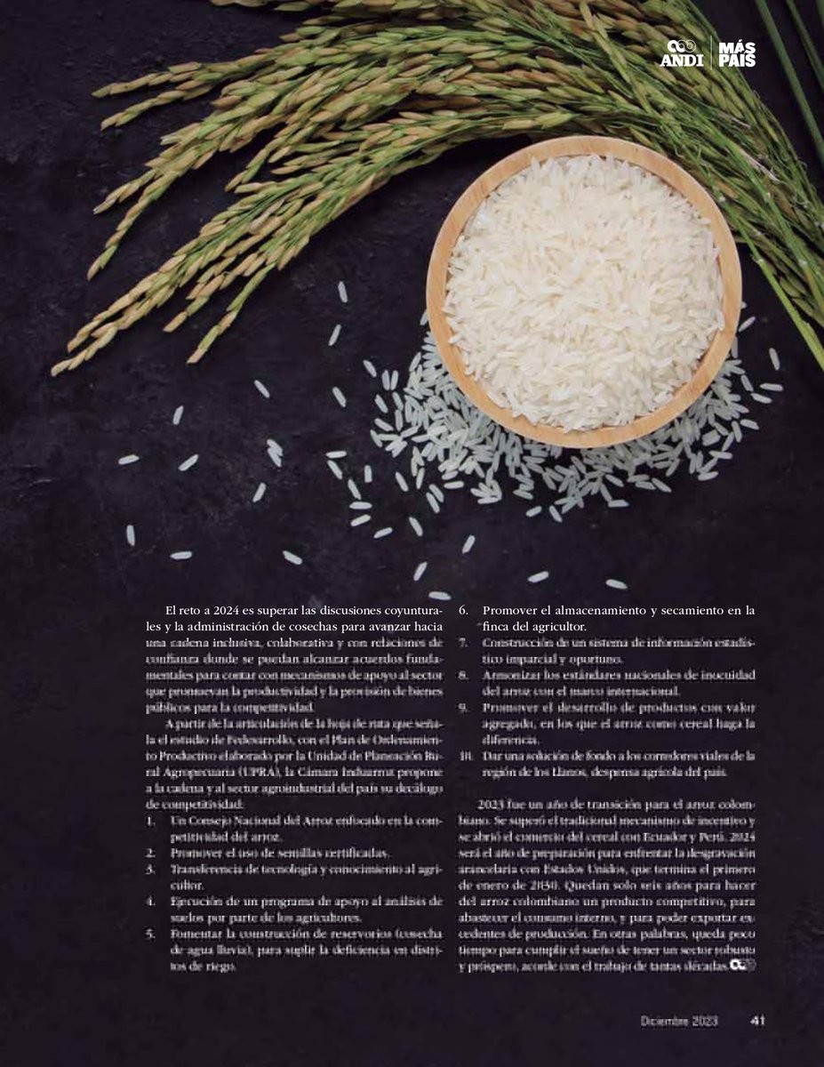 |🌾El futuro del sector arrocero colombiano está en la competitividad. Lea el artículo de la @InduarrozANDI en la Edición 284 de la @Revista_A aquí👉bit.ly/RevistaA-284 #MásPaísANDI