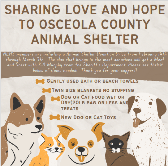 Calling all HAWKS, let's help NEHS support the Osceola County Animal Shelter.