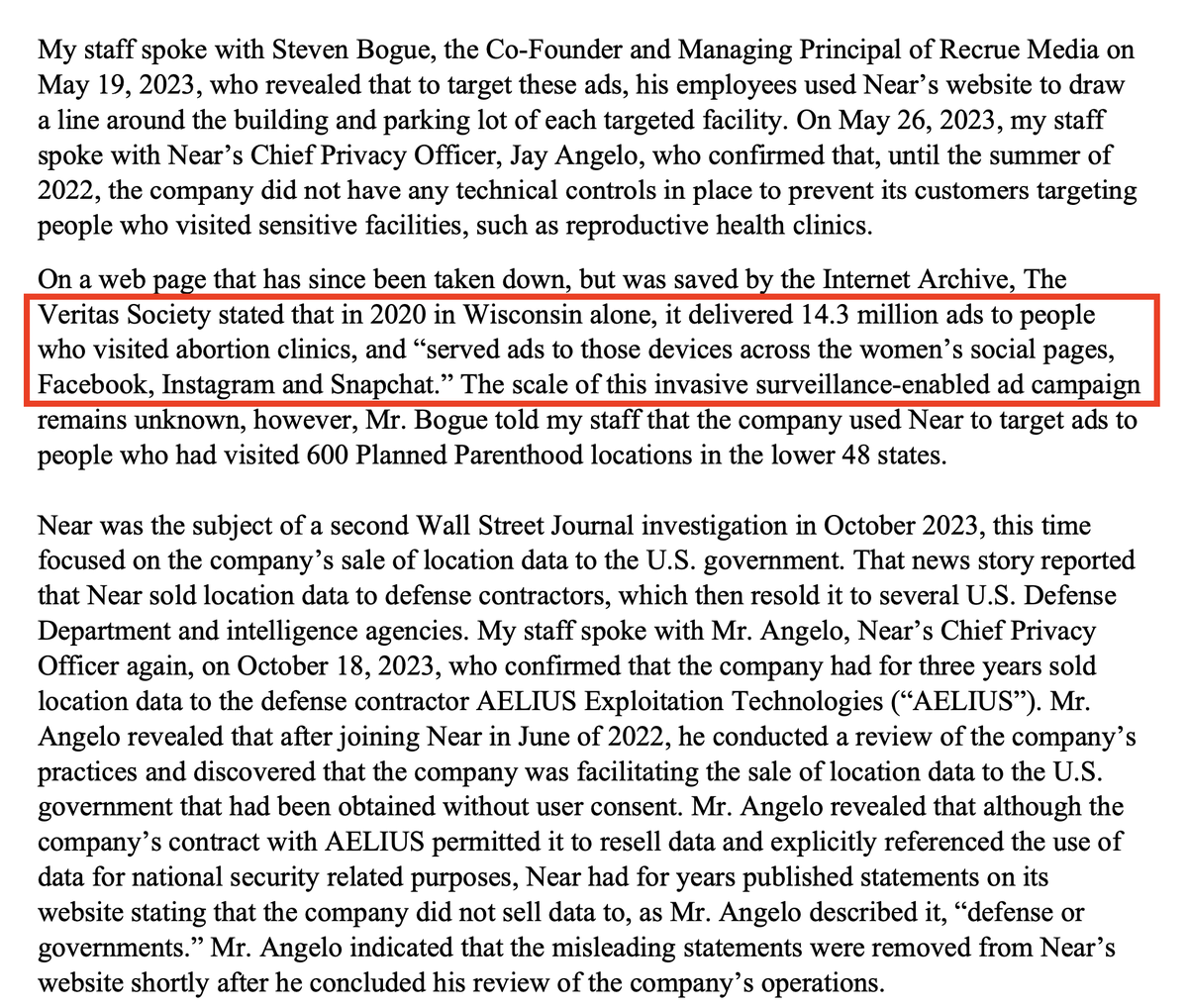 NEW: shady company stalked women's phones w/anti-abortion ads after they visited 600+ family planning clinics across US. Badgered them on @facebook @Snap, @instagram etc. Letter by @RonWyden rightly calls for an @SECGov investigation. wyden.senate.gov/imo/media/doc/…