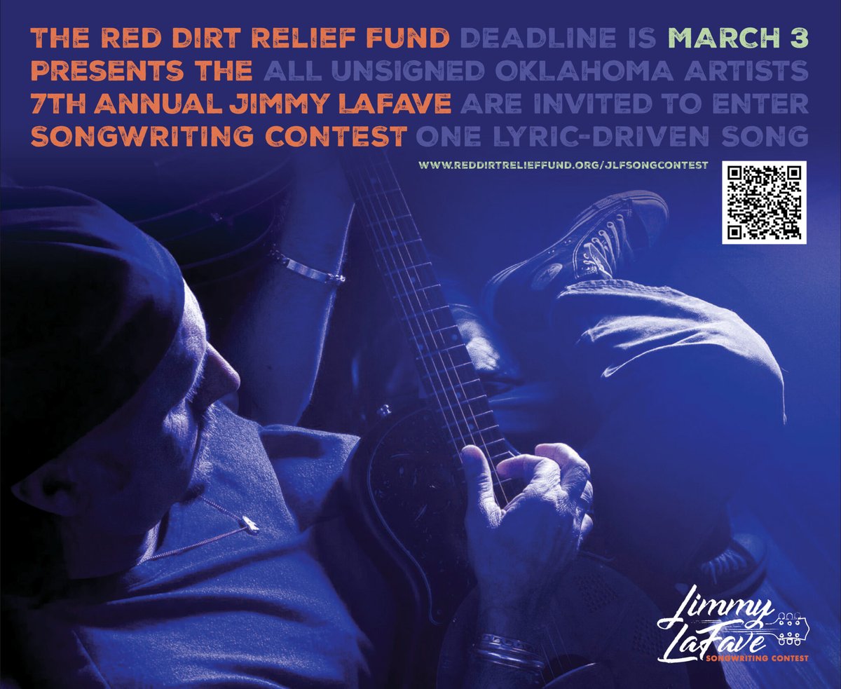 JimmyLaFave's tweet photo. Deadline is March 3rd for the 7th Annual Jimmy LaFave Songwriting Contest open to all unsigned Oklahoma songwriters. Thank you to the Red Dirt Relief Fund for continuing to coordinate this annual contest!
https://t.co/2Wh0y8KgdT https://t.co/klqlh7aSUt