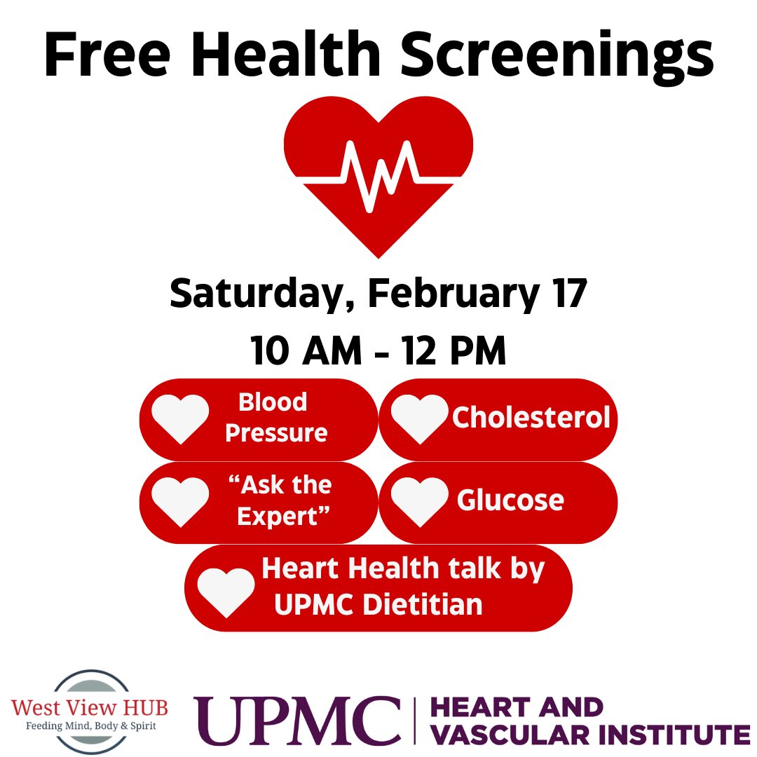 We've partnered w/ @HviUpmc to bring FREE health screenings to the HUB! Join us for BP, glucose, & cholesterol screenings, plus a Heart Health talk from a UPMC dietician & the opportunity to 'Ask an Expert.' Space is limited; register today: forms.gle/f9Zvi6q7P4VLpX…