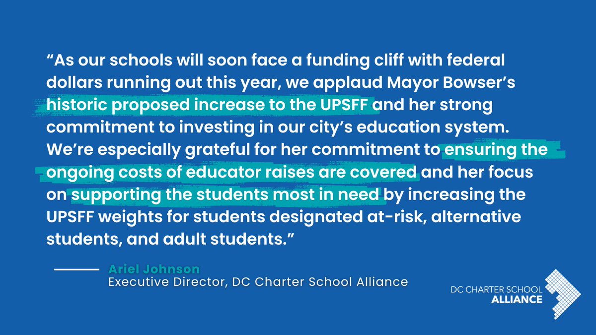 As our schools will soon face a funding cliff with federal dollars running out this year, we applaud <a href="/MayorBowser/">Mayor Muriel Bowser</a>’s historic proposed increase to the UPSFF and her steadfast commitment to investing in our city’s education system! Read our full statement: dccharters.org/blog/dc-charte…
