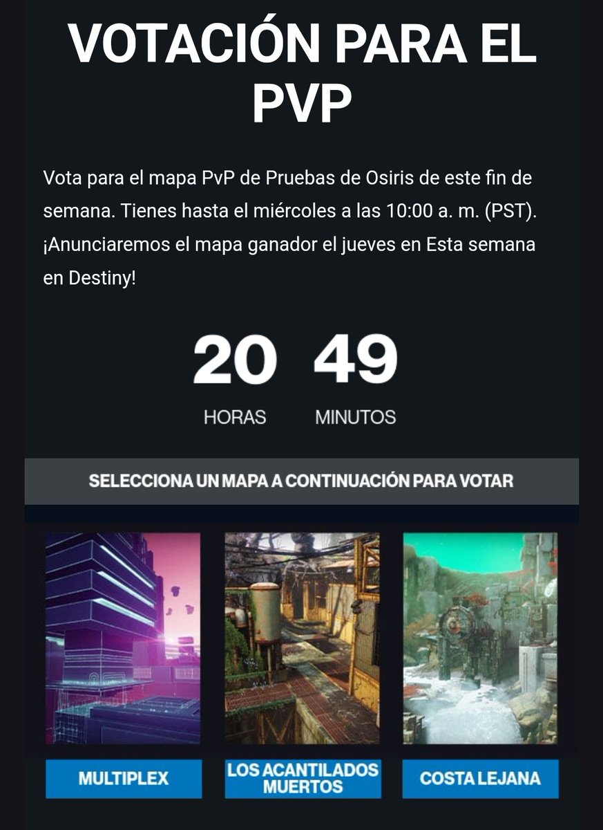 Si tienen los correos habilitados en Bungie, está llegando uno con noticias y estadísticas de la temporada, además de una votación por el mapa del fin de semana de Pruebas de Osiris