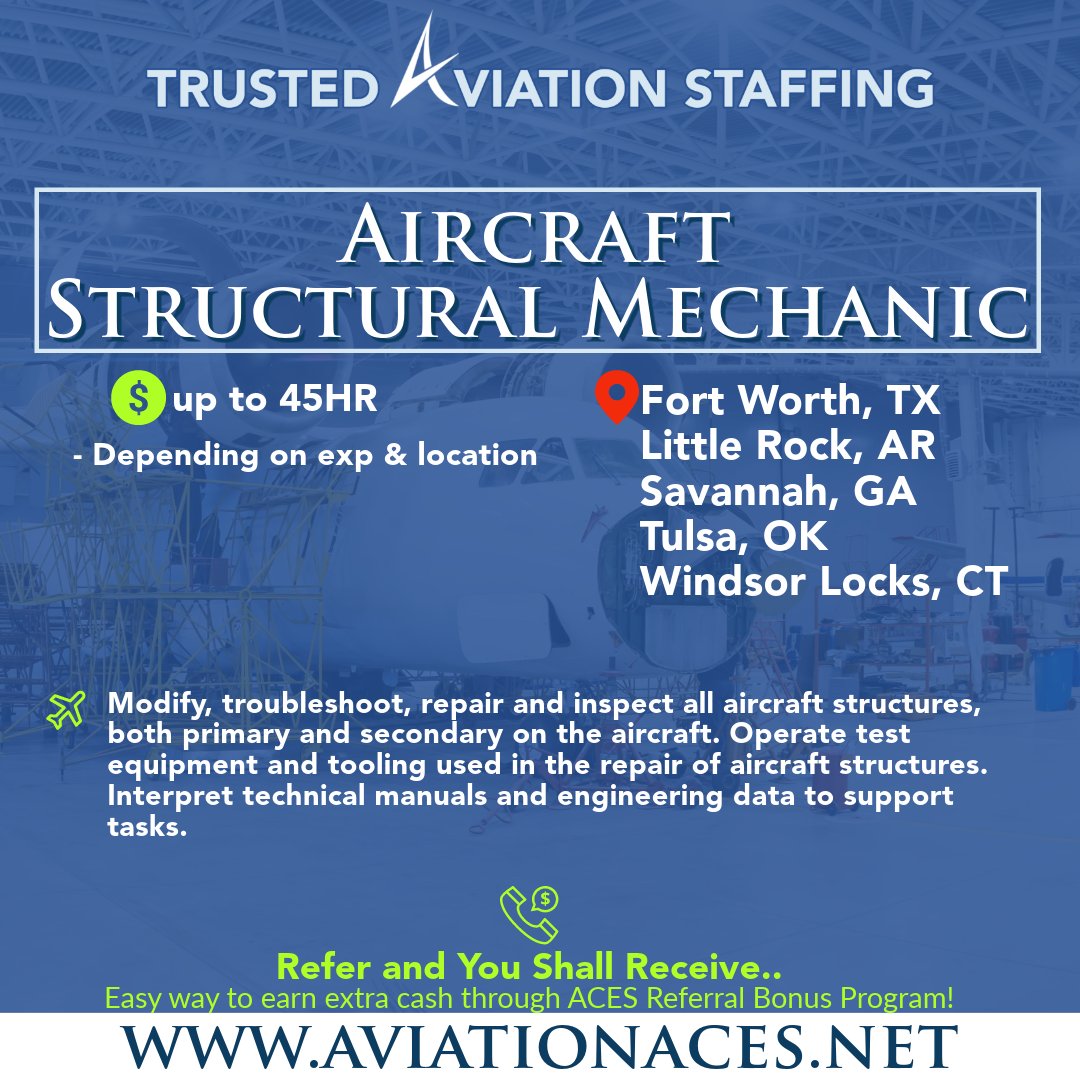 ACES will keep you working! We employ a candidate-focused approach to helping you land your next opportunity. CONTACT US TODAY👇 aviationaces.net/job-openings Call: 817.402.0405 or Email: recruiting@aviationaces.net #aviationjobs #staffing #aircraftmechanic #lookingforwork #nowhiring