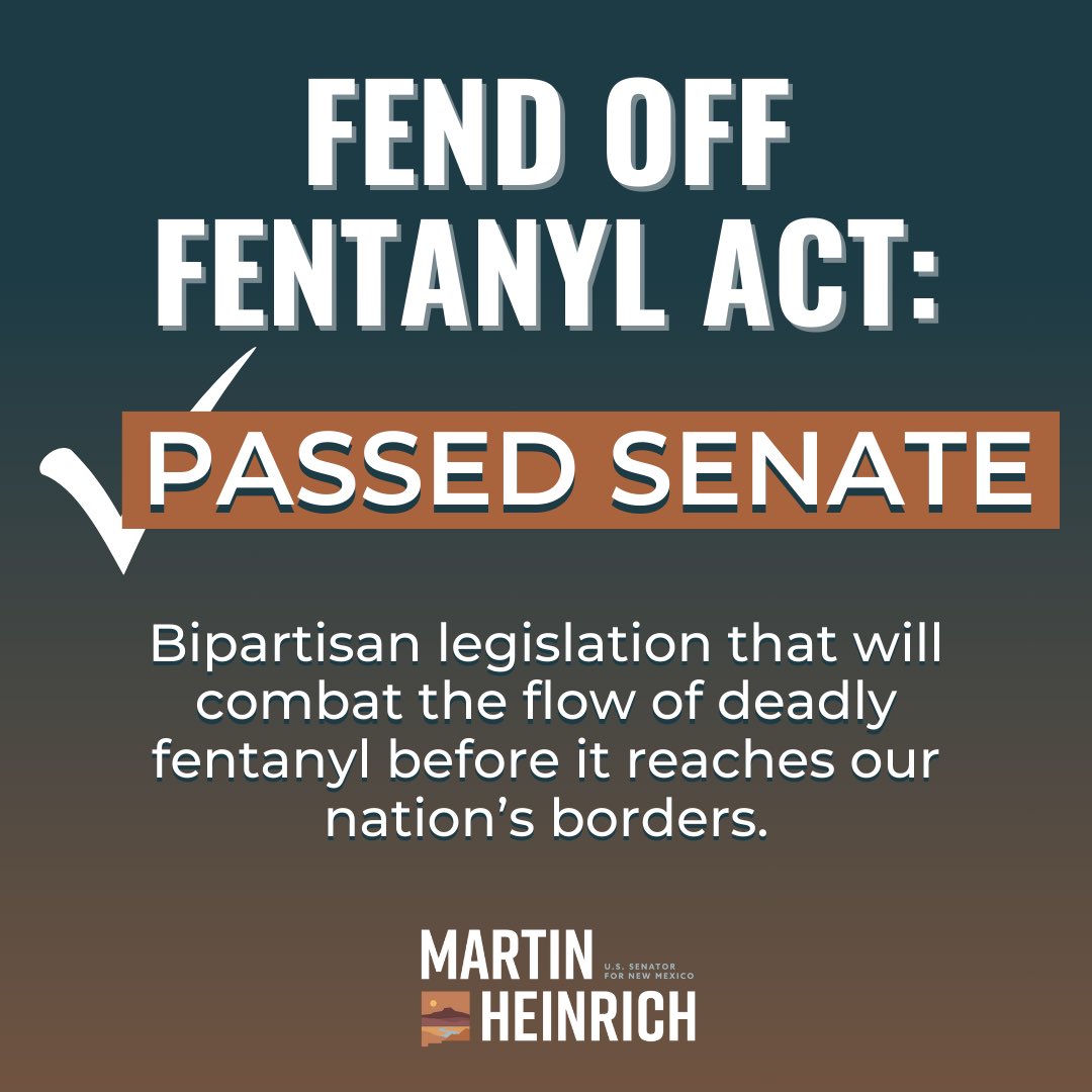 Huge news: Our FEND Off Fentanyl Act passed the Senate early this morning! 

This legislation will help cut off the illicit supply of fentanyl that is coming into our communities from China and Mexico. Now it’s up to the House to pass this into law.