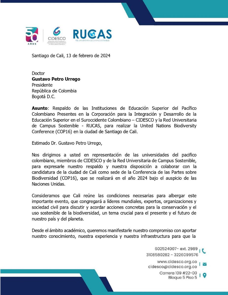 CCidesco's tweet photo. Las Instituciones de Educación Superior del Pacífico Colombiano que se encuentran en @ccidesco y la Red Universitaria de Campus Sostenible, respaldan la realización del COP16 en la ciudad de Santiago de Cali. @ONU_es @infopresidencia @petrogustavo 

https://t.co/H2QeMB72uR https://t.co/HdgFiWyMRC