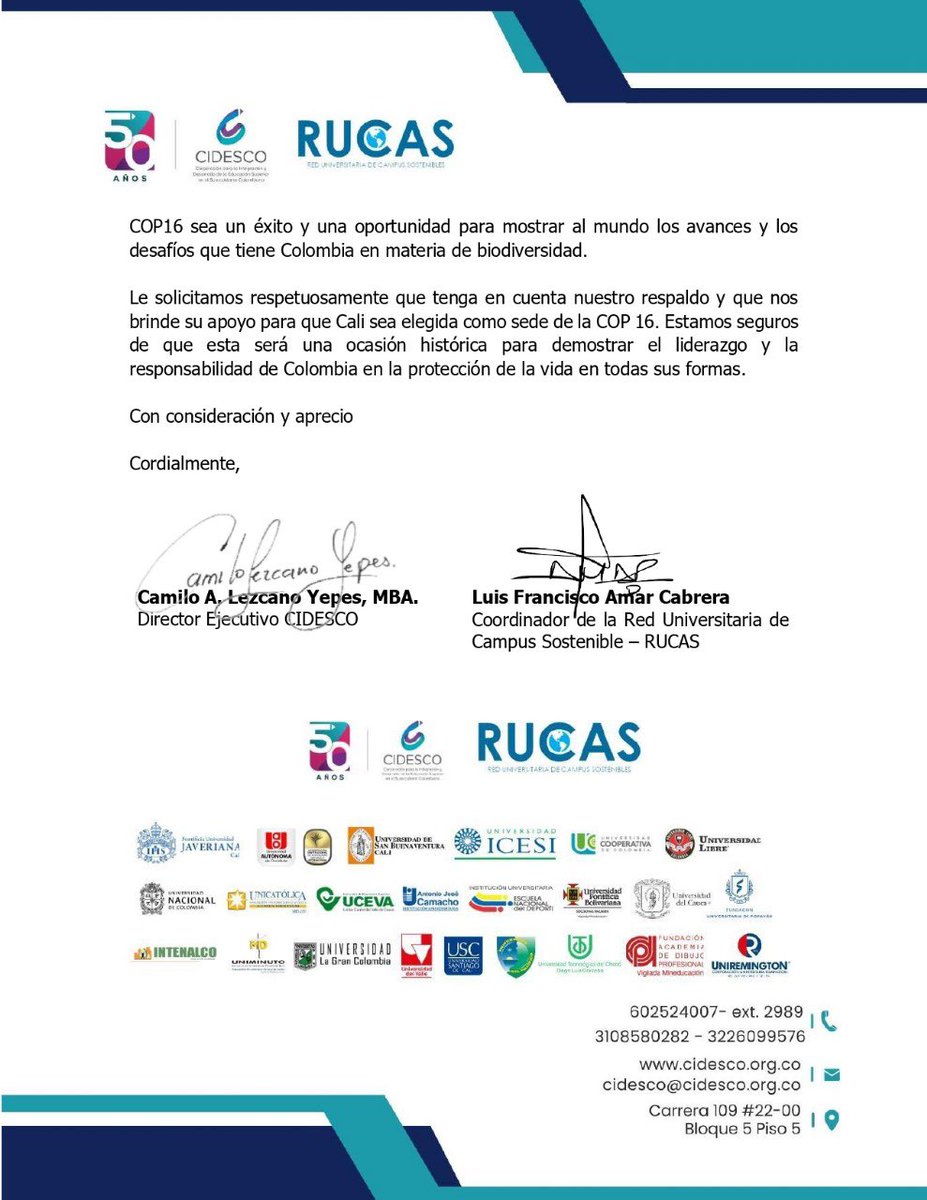 CCidesco's tweet photo. Las Instituciones de Educación Superior del Pacífico Colombiano que se encuentran en @ccidesco y la Red Universitaria de Campus Sostenible, respaldan la realización del COP16 en la ciudad de Santiago de Cali. @ONU_es @infopresidencia @petrogustavo 

https://t.co/H2QeMB72uR https://t.co/HdgFiWyMRC